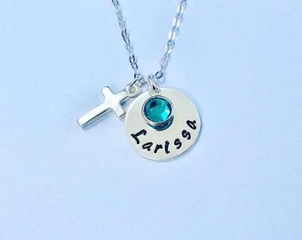 First Holy Communion chain, Cross, Birthstone, Holy Communion necklace, silver communion gift niece, daughter, godchild, personalised  chain