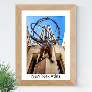 Atlas Statue Travel Poster, vibrant watercolor-style print, iconic Atlas at Rockefeller Center, colorful, dynamic photo, famous landmark.