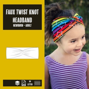 May include: A digital download pattern for a faux twist knot headband. The pattern is available in A4 and Letter sizes. The image shows a child wearing a rainbow and star patterned headband.