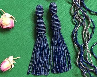 Blue tassel earrings Oscar de la Renta earrings Prom tassel earrings Boho earrings Bohemian earrings Beaded tassel earrings Fringe earrings