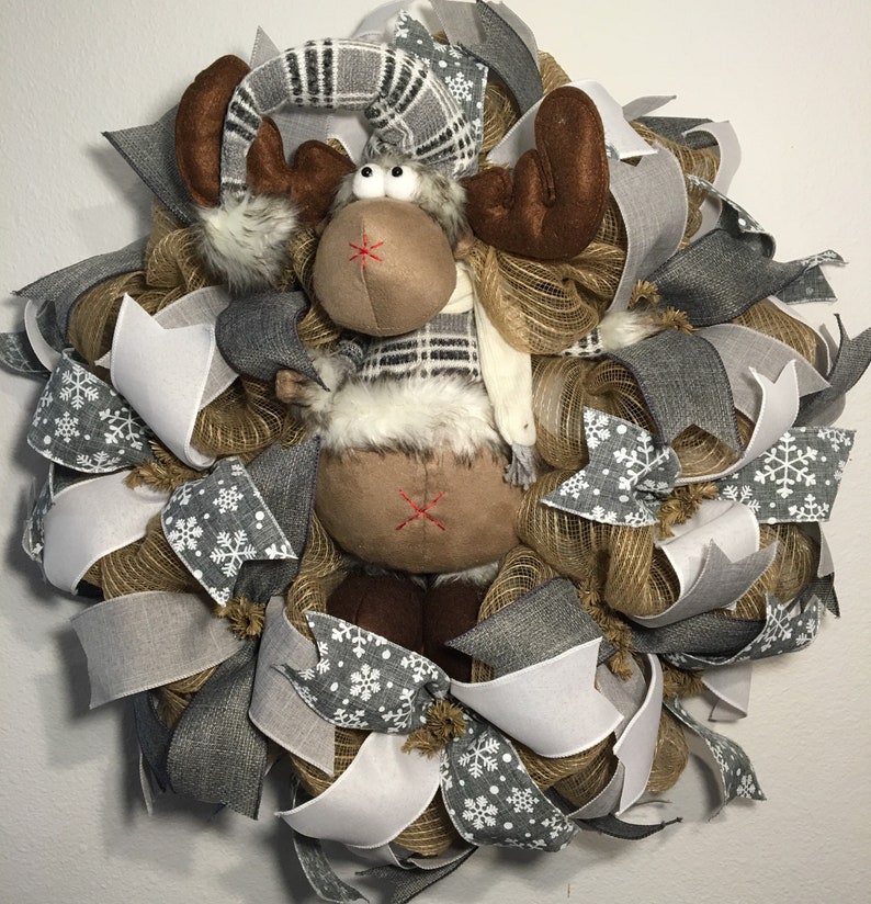 Farmhouse Christmas Moose Christmas Wreath Gray Plaid Moose Wreath Moose Christmas Wreath Farmhouse Wreath Rustic Wreath