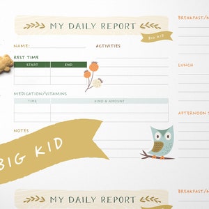 Big Kid Daily Log / Daycare, Nanny, Babysitter or Child Care Report Woodland Creatures Instant Download Printable