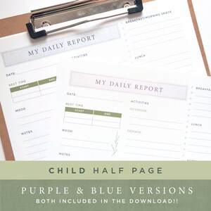 Half Page Daily Log / Daycare, Nanny, Babysitter or Child Care Report Instant Download Printable