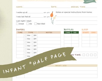 Infant Half-Page Daily Log / *2 PER PAGE* / Daycare, Nanny, Babysitter or Childcare Report Woodland Creatures Instant Download Printable