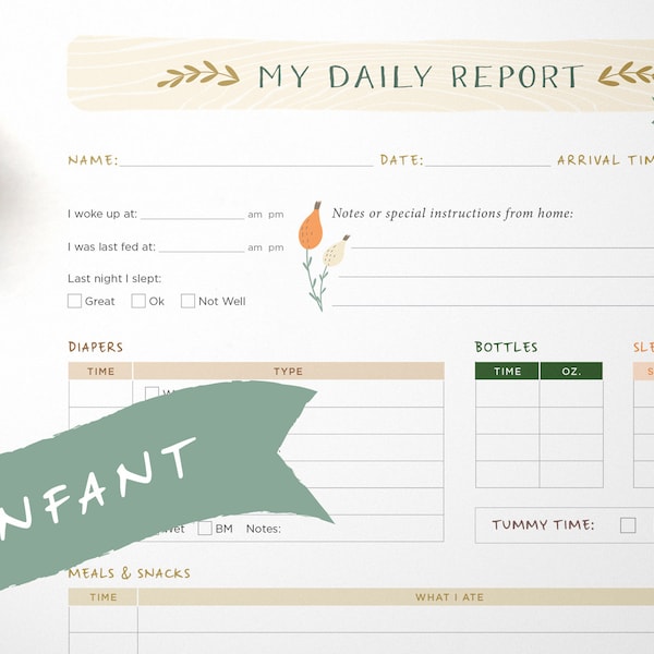 Infant Daily Log / Daycare, Nanny, Babysitter or Childcare Report Woodland Creatures Instant Download Printable