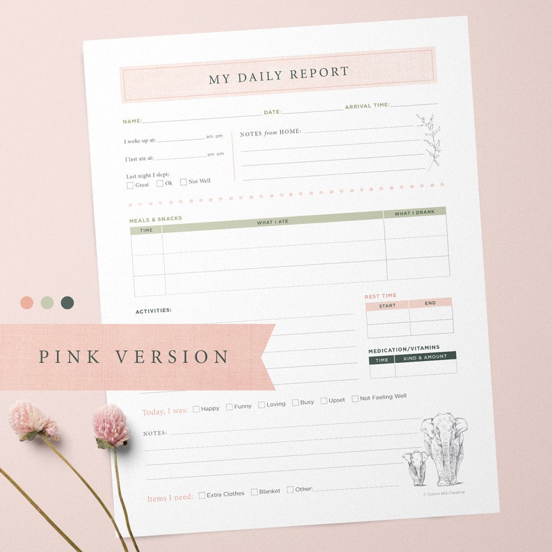 K&ouml;nnte beinhalten: Ein druckbarer Tagesbericht-Planer mit rosa Hintergrund. Der Planer enth&auml;lt Abschnitte f&uuml;r Mahlzeiten und Snacks, Aktivit&auml;ten, Ruhezeiten, Medikamente und Notizen. Der Planer enth&auml;lt auch einen Abschnitt zur Verfolgung der Stimmung und der ben&ouml;tigten Artikel.