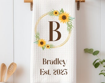 Personalized Monogram Sunflower Towel; Custom Wedding Gift for Bride and Groom; Housewarming Gift; Spring Kitchen Dish Towel; Family Name