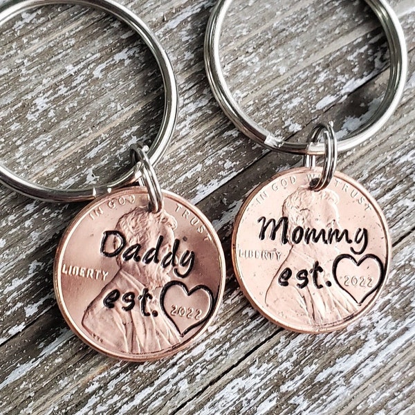 2024 New Daddy Mommy Keychain; New Parent Penny First Time Mom or Dad Keychain; Daddy Established 2024 Hand Stamped Penny Keychain