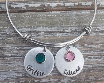Personalized Name Bracelet; Gift for Mom;  Hand Stamped Name with Birthstone; Custom Children's Name Bangle; Personalized Mother's Day