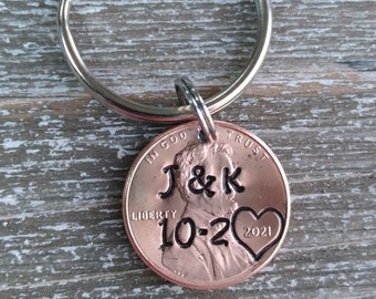 Anniversary Date Penny Keychain; Personalized Anniversary Gift; Custom Anniversary Penny Keychain; Hand Stamped Penny Keychain; Gift for Him