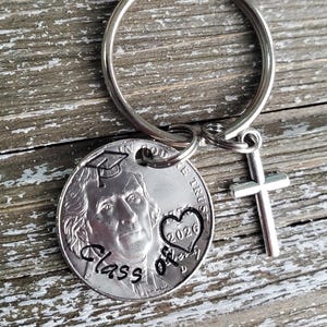 2026 Graduation Keychain with Cross Charm, Hand Stamped Nickel
