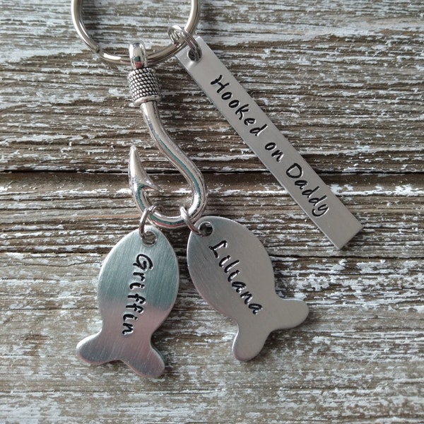 Personalized Father's Day Keychain; Fisherman's Key Ring; Grandpop Present; Custom Fish with Hook Keychain; Gift from Kids to Dad
