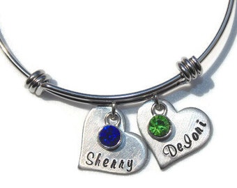 Personalized Mother's Day Name Bangle; Hand Stamped Bracelet with Birthstone; Custom Children's Name Bangle; Gift for Mom