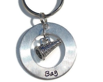 Personalized Cheerleader Keychain; Custom Cheerleading Coach Gift; Custom Cheer Team Gift; Megaphone Hand Stamped Keychain; Key Ring