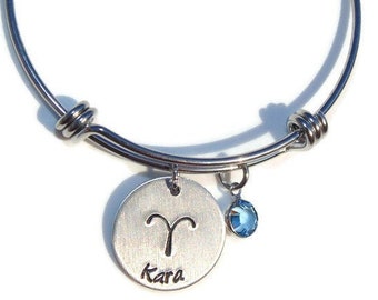 Personalized Zodiac Bracelet; Birthstone and Name Bangle; Capricorn, Aquarius, Pisces, Aries, Taurus, Gemini, Cancer, Leo, Virgo, Libra