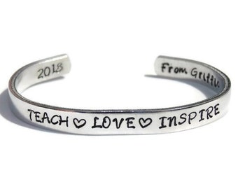 Personalized Teacher Bracelet; Teach Love Inspire Gift; Custom Teacher Jewelry; Teacher Appreciation Gift from Student; Cuff Bracelet