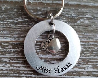 Personalized Teacher Gift; Custom Name Keychain; Hand Stamped Key Ring with Apple; Teacher Appreciation; Aide; Assistant; Education Graduate