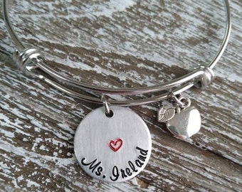 Personalized Teacher Gift;  Custom Teacher Gift; Stainless Steel Bangle with Apple; Teacher Name Bracelet; Teacher Appreciation Present