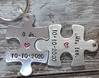 Personalized Wedding Day Present; Puzzle Piece Keychains; I Do Key Ring; Gift for Groom; Present for Bride; Couple Keychains; Custom Keyring