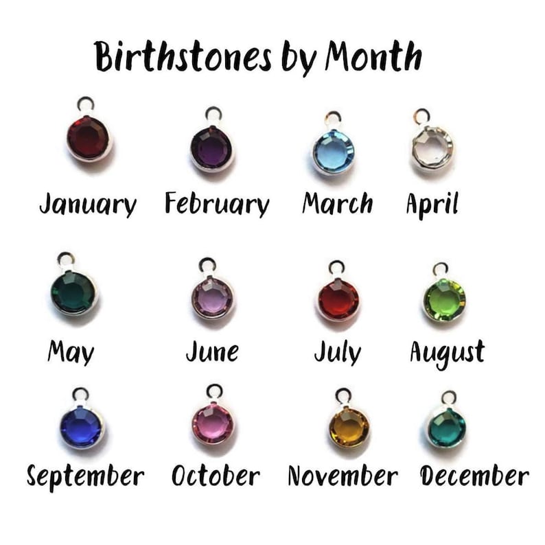 K&ouml;nnte beinhalten: Geburtssteine nach Monaten Diagramm mit einer Auswahl an farbigen Edelsteinen, die jeweils einen anderen Monat des Jahres repr&auml;sentieren. Die Edelsteine sind in einem Rasterformat angeordnet, wobei der Monatsname unter jedem Stein steht.