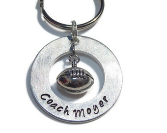 Personalized Football Keychain, Hand Stamped Aluminum Coach Gift