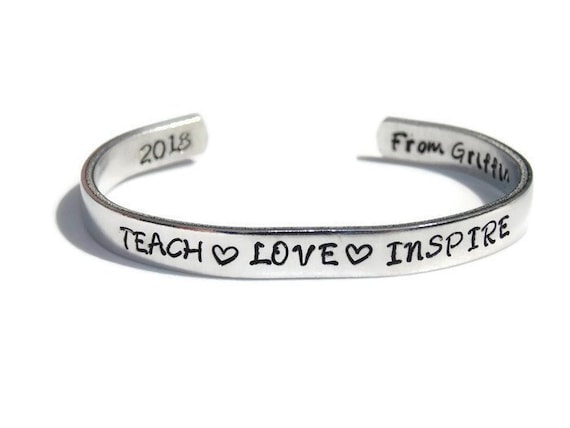 Personalized Teacher Bracelet; Teach Love Inspire Gift; Custom Teacher Jewelry; Teacher Appreciation Gift from Student; Cuff Bracelet