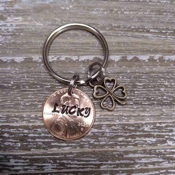 GriffinLilyDesigns Lucky Penny Keychain with 4 Leaf Clover; Lottery Ticket Scratcher Keychain; Lucky Ticket Scratcher; Lucky Hand Stamped Penny Keychain