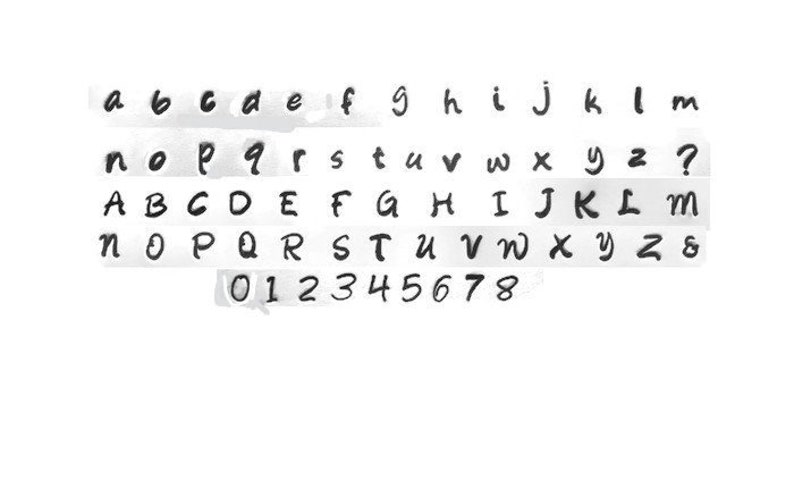 May include: A handwritten alphabet in black ink on a white background. The letters are in lowercase, uppercase, and numbers 0-8.