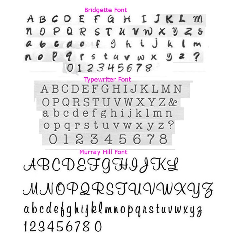 May include: A black and white typography chart displaying three distinct font styles labeled Bridgette, Typewriter, and Murray Hill. Each section includes uppercase letters, lowercase letters, numbers zero through eight, and an ampersand or question mark.
