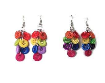 Rainbow Button Earrings; Sewist Jewelry;  Crafter Gift; Cute Button Lover Earrings; Sewer Present; Sewing; Button Dangle Earrings