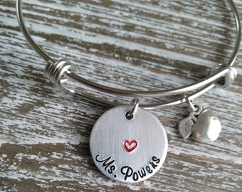 Personalized Teacher Gift;  Teacher Name Bracelet; Custom Teacher Bangle; Teacher Appreciation Present; Stainless Steel Bangle with Apple