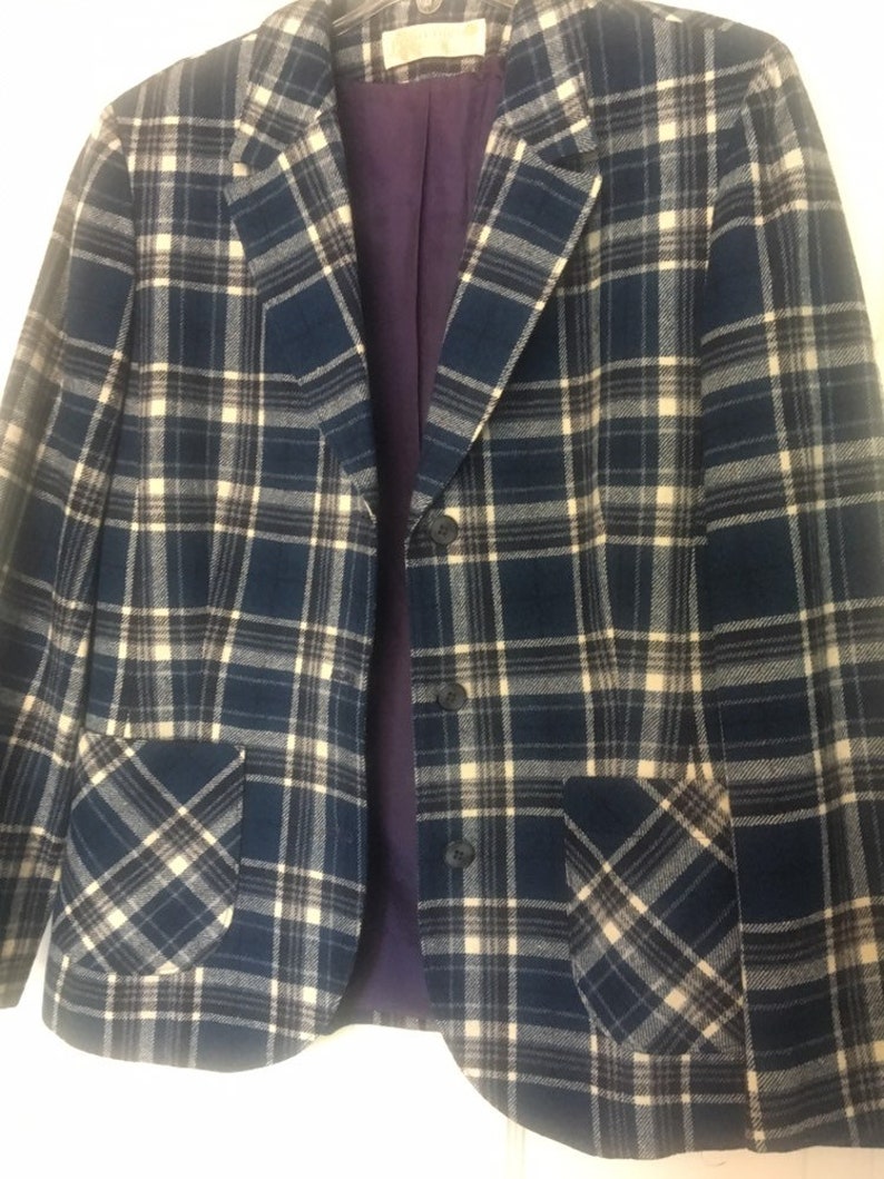 Vintage Blue Plaid Blazer Pendleton 100/% wool blazer with pockets