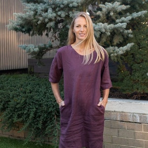 Linen dress boho , Linen 3/4 Sleeve Tunic Dress , Tunic with pockets , Linen Dress , linen maternity dress linen clothing image 1