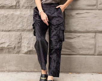Velvet Cargo Pants black  Techwear Hippie Wide Leg Pants  Streetwear baggy pants