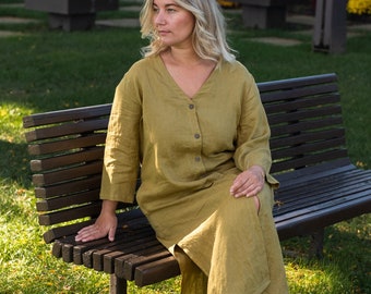 Linen duster , linen  caftan women , linen lounge wear , linen coat , linen Nadya caftan linen dress , mustard yellow cardigan