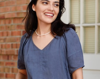 Linen V Neck Top with puffy sleeves