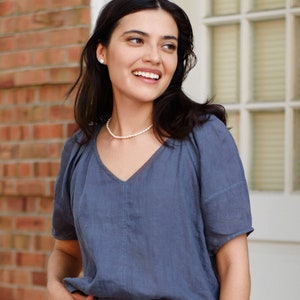 Linen V Neck Top with puffy sleeves