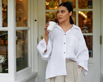 Linen Oversized Women Shirt , Oversized Linen Shirt , Loose Linen Blouse , White Linen Shirt , Women Linen Shirt , One Size Linen Shirt