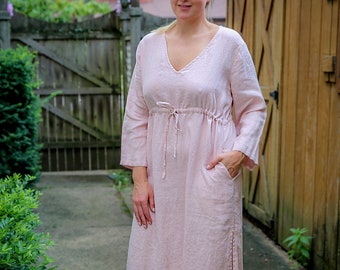 Linen caftan aesthetic cottagecore dress , white linen dress boho clothes , dusty rose linen dress Vikolino , linen dress for woman