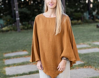 Linen poncho loungewear women , Linen wrap tunic one size , Linen clothing plus size , Fall linen apparel linen tunic