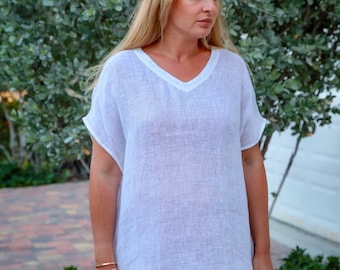 Linen Sheer( Gauze) Cover Up,  V-Neck Top, Linen Gauze Top, Linen Tunic, Oversized Tunic, Beach Tunic, Loose Tunic, one size