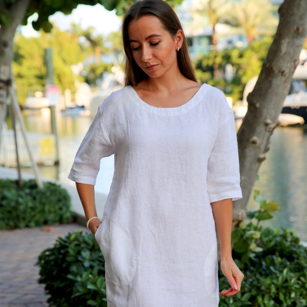 Linen Dress boho , Linen 3/4 Sleeve  Tunic Dress , Tunic with pockets , Linen Dress ,  Women washed linen clothing