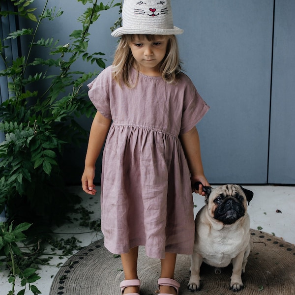 Linen Girl Dress , Linen dress for girls , kids clothing , flower linen girl dress , toddler linen dress , first birthday girl dress