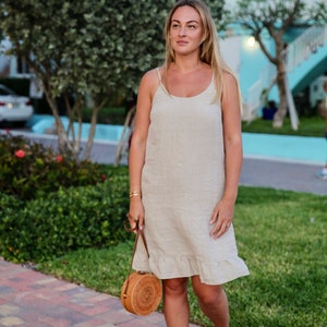 White slip dress , linen slip dress with ruffle , dress slip linen nighty magic , washed linen dress , nighty , night dress , under dress