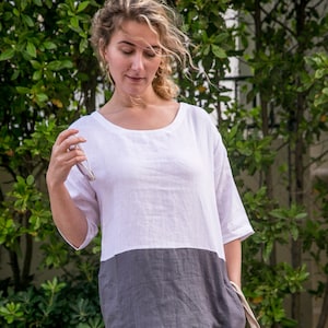 Linen dress  3/4 sleeve tunic , linen tunic with pockets , boho linen dress , women washed linen clothing , linen dresses for women