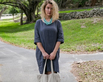 Linen  Dress , Linen 3/4 Sleeve Tunic Dress , Tunic with pockets , Linen Dress , Women washed linen clothing , boho dress , boho clothing