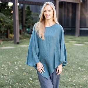 Linen Poncho, Linen Wrap, One Size, Linen Clothing, Fall Linen Apparel Ocean Green