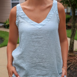 Linen Summer Top / Linen Top V-Neck / Washed linen top / Tank Top / Linen comfortable clothing natural fiber clothing Blue Glass