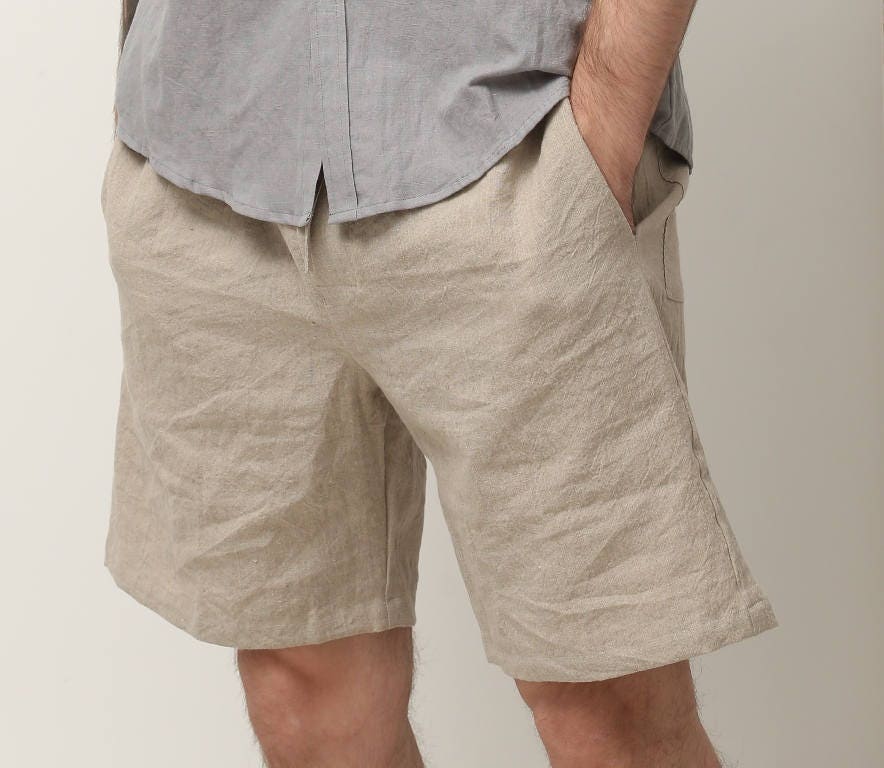 Linen Men Shorts Dad Gift , Linen Summer Shorts With Pockets