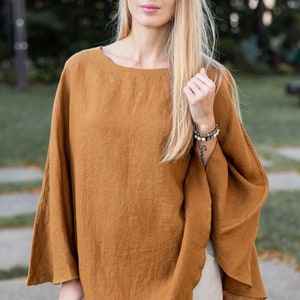 Linen Poncho, Linen Wrap, One Size, Linen Clothing, Fall Linen Apparel Amber